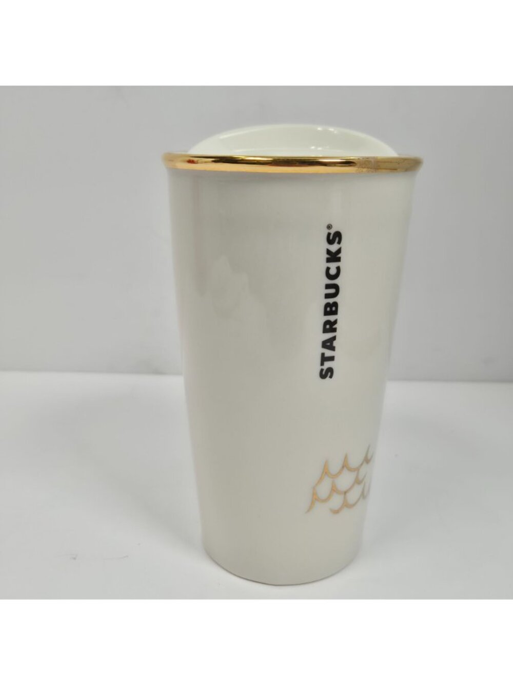 Starbucks 2015 Ceramic Travel Mug With Lid Gold Accent & Abstract Face Design - Picture 4 of 10